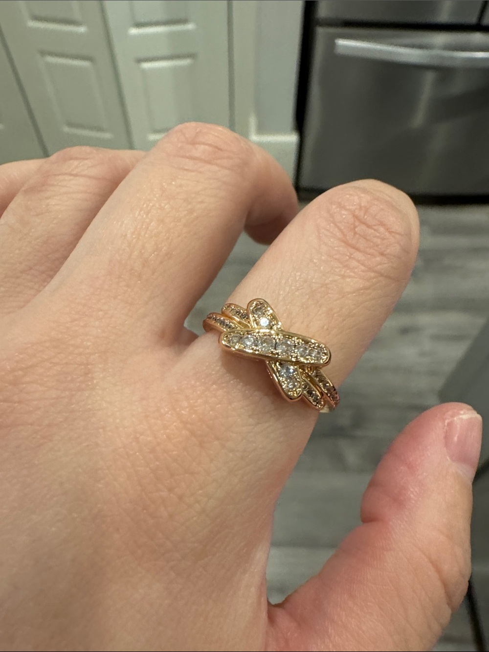 Champagne Gold X Crossover Motif CZ Adjustable Ring